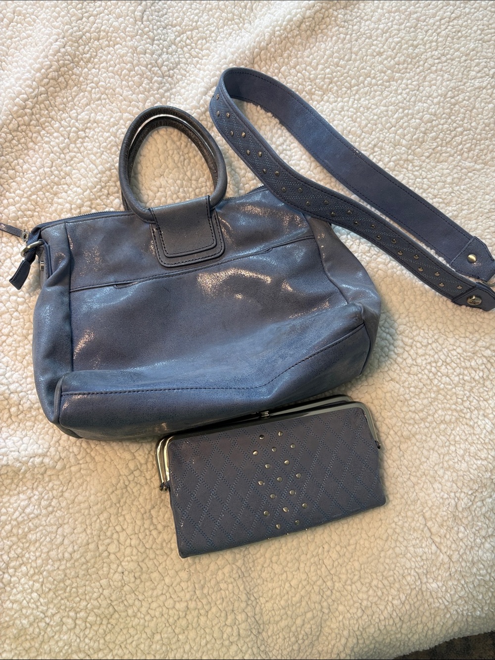 HOBO Blue Leather Satchel with Detachable Studded Strap and Matching Wallet